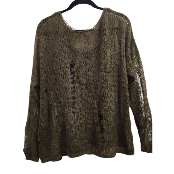 ZARA Distressed Knit Sweater Women’s Sze L Olive GreenLoose Open Weave Wool Boho - Picture 3 of 14